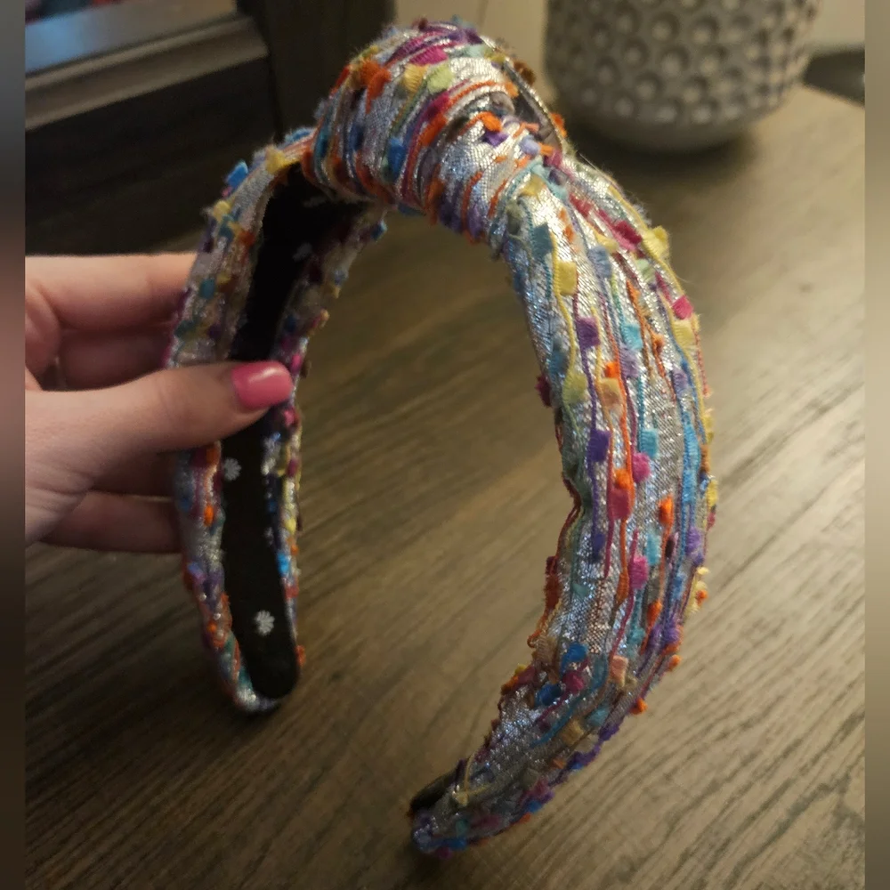 Lele Sadoughi Silver Metallic Headband with colorful rainbow 🌈 specs